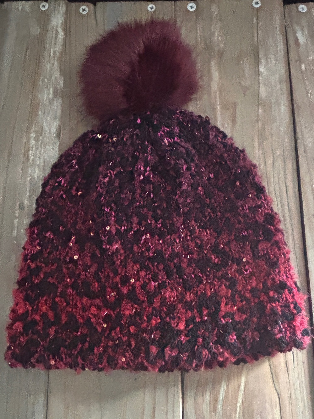 NWOT Burgundy and Black Sequin Pom Pom Beanie